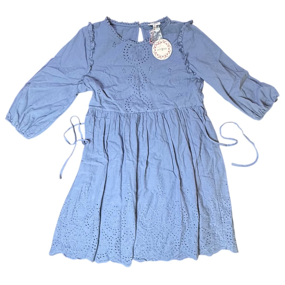 Umgee Eyelet Dress Long Sleeve Tie‎ Waist Blue Dress Medium